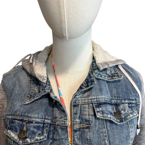 Free People Blue Hood Distressed Denim/Knit Jean Jacket. Size: XS/P - Picture 7 of 7